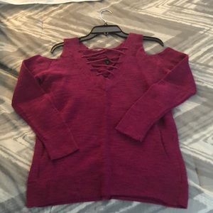 Fuchsia cold shoulder reversible sweater